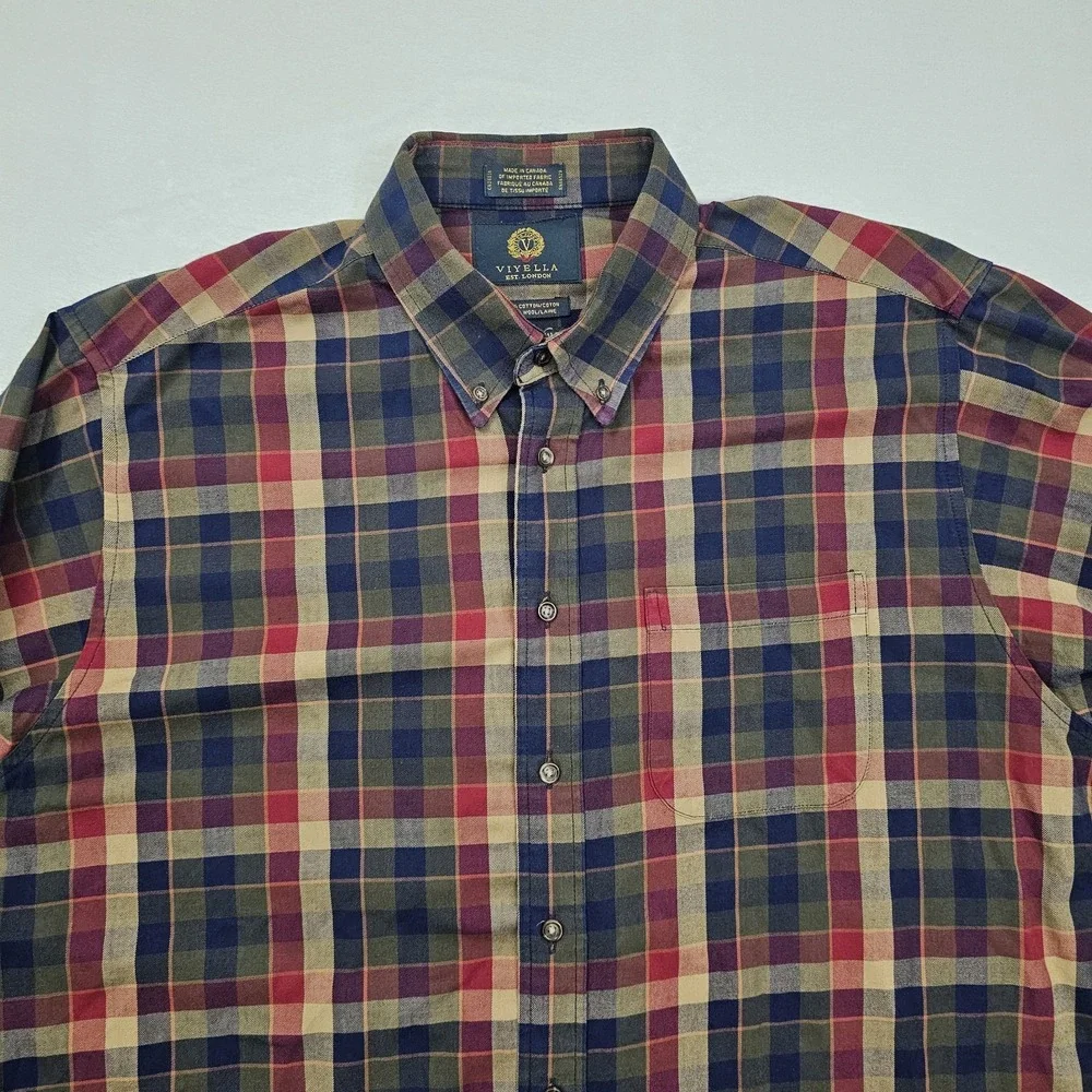 Viyella‎ Mens 17.5 XL Button Down Shirt Wool Cotton Oxford Flannel Plaid Preppy